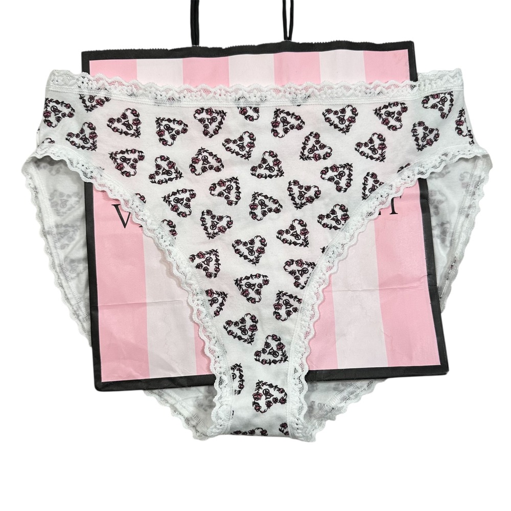 NWT Victoria's Secret White Floral Hearts Lace Trim Brief‎ Panty Medium